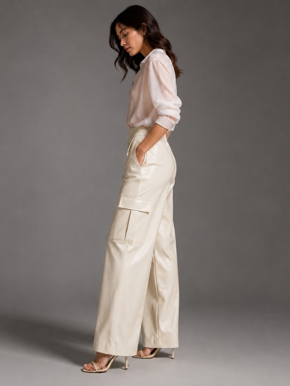 Avec Les Filles Cream Faux Leather Wide-Leg Cargo Pants XS - Picture 2 of 10